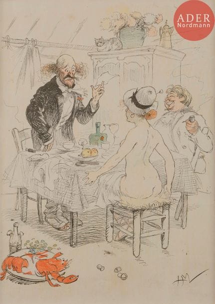 Henri MIRANDE (1877-1955)
LA POÉSIE AU DESSERT, 1905
Épreuve d’essai rehaussée.
Monogrammée en bas à droite.
27 x 19,5 cm

Bibliographie :
Le Rire n°136 (nouvelle série) du 9 septembre 1905, reproduit p. 9 avec la légende :
Le poète., … Envoi…
Elle., Saligaud !