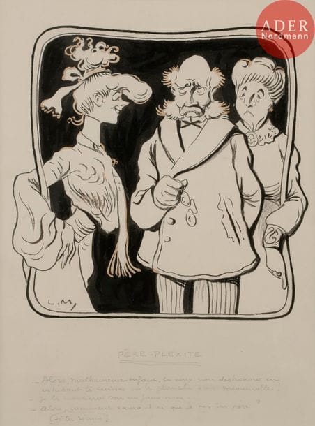 Lucien METIVET (1863-1932)
PèRE-PLEXITE, 1905
Encre, aquarelle et rehauts de gouache blanche.
Monogrammée en bas à droite, titrée et légendée :
Alors, malheureuse enfant, tu veux nous déshonorer en exhibant tes cuisses sur les planches d’un miousicolle !
Je les montrerai sous un faux nom…
Mais, si tu réussis, comment saura-t-on que je suis ton père ?
25 x 25 cm

Bibliographie :
Le Rire n°128 (nouvelle série) du 23 septembre 1905, reproduit (mis en couleurs) en couverture.
Entre Hommes Regards sur les femmes 1880, 1930 par Guillemette Racine, éditions Flammarion 1994, reproduit p. 124.