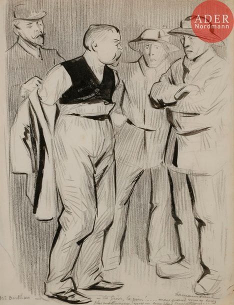 HERMANN-PAUL (1864-1940)
PAROLES MINISTÉRIELLES, 1906
Encre et fusain.
Signée en bas à gauche et légendée :
Mr Barthou., la grève, la grève ! Mais quand vous ne serez plus malheureux, vous ne serez plus sympathiques…
30 x 23 cm

Bibliographie :
Le Rire n°167 (nouvelle série) du 14 avril 1906, reproduit p. 8
Les Maîtres Humoristes n°9 : HERMANN-PAUL, éd. Félix Juven 1907 reproduit.
Les Humoristes 1830-1930, éditions de l’Amateur 1999, reproduit p. 623
Un siècle de dessins contestataires par Jacques Sternberg et Henri Deuil, éditions Denoël 1974, reproduit p. 87.