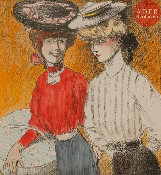 Georges MEUNIER (1869-1934)
MIDINETTES, 1906
Épreuve d’essai rehaussée.
Signée en haut à droite.
20 x 18,5 cm

Bibliographie :
Le Rire n°173 (nouvelle série) du 26 mai 1906, reproduit en couverture avec la légende :
Il m’a dit comme ça : « je suis vieux… ça sera seulement pout le platonique… » Sais-tu ce que c’est ?
Une cochonnerie pour sûr !…
