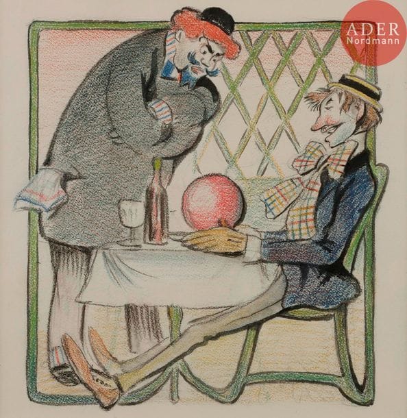Lucien METIVET (1863-1932)
LE MAUVAIS CITOYEN, 1906
Crayon de couleurs.
Non signé.
25 x 25 cm

Bibliographie :
Le Rire n°180 (nouvelle série) du 14 juillet 1906, reproduit en couverture, avec la légende :
Comment ! je te trouve saoul comme un Polonais, en cravate écossaise, et en gants de Suède, dévisageant un fromage de Hollande, avec l’air danois, et tu voudras me faire gober que t’es patriote !…