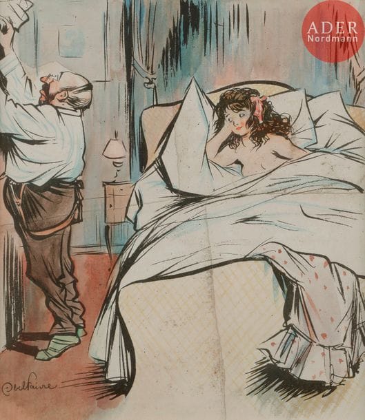 Abel FAIVRE (1867-1945)
EH BIEN, ET CETTE CHEMISE ?, 1906
Épreuve d’essai rehaussée.
Signée en bas à gauche.
21 x 18 cm

Bibliographie :
Le Rire n°192 (nouvelle série) du 6 octobre 1906, reproduit en couverture.