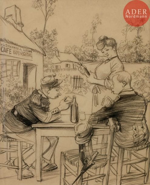 Ricardo FLORES (1878-1918)
EN FAMILLE, 1908
Crayon.
Non signé.
26,5 x 21,5 cm

Bibliographie :
Le Rire n°288 (nouvelle série) du 8 août 1908, reproduit en 4e de couverture (mis en couleurs) avec la légende :
Où qu’il est, le patron ?…
Dans l’étable aux cochons… c’est celui qu’a un chapeau de paille !