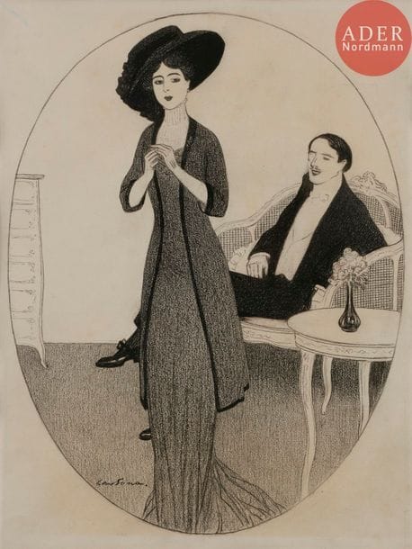 Joan CARDONA LLADOS (1877-1934/57)
LA JEUNE COMÉDIENNE, 1909
Encre.
Signée en bas à gauche.
31,5 x 24 cm

Bibliographie :
Le Rire n°324 (nouvelle série) du 17 avril 1909, reproduit p. 11 avec la légende :
Tu n’es pas retournée chez le critique ?
Certes, non, quel satyre !… Il a voulu me montrer comment on perçait au théâtre !