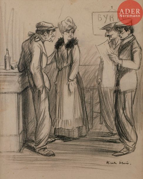 Ricardo FLORES (1878-1918)
RETRAITES OUVRIèRES, 1911
Fusain.
Signé en bas à droite.
29 x 23,5 cm

Bibliographie :
Le Rire n°433 du 20 mai 1911, reproduit en 4e de couverture (mis en couleurs), avec la légende :
Puisqu’on te dit qu’ c’est la loi. Chaque fois, tu feras coller un timbre de deux ronds sur ta carte… et, si y veulent pas, t’appelles un agent !