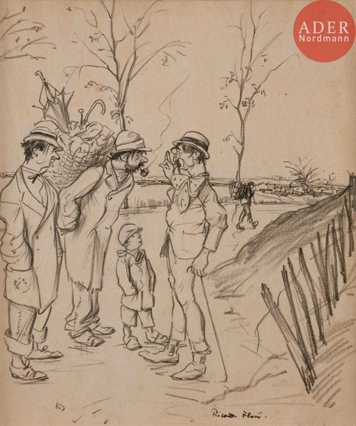 Ricardo FLORES (1878-1918)
LA MODE, 1911
Crayon et fusain.
Signé en bas à droite.
25 x 21 cm

Bibliographie :
Le Rire n°463 du 16 décembre 1911 reproduit p. 9 (mis en couleurs), avec la légende :
Oh ! moi, il y a au moins deux ans que j’ai abandonné complètement les épaules américaines : c’est si mauvais genre !