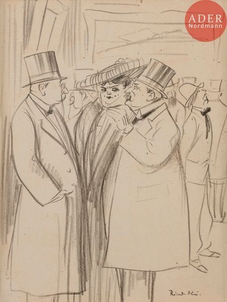 Ricardo FLORES (1878-1918)
AU SALON, 1912
Crayon.
Signé en bas à droite.
26,5 x 20 cm

Bibliographie :
Le Rire n°485 du 18 mai 1912, reproduit p. 13 avec la légende :
Vous avez vu, j’ai fait peindre ma femme !
Oui, mais regardez la mienne, c’est encore mieux ! Elle se peint toute seule !