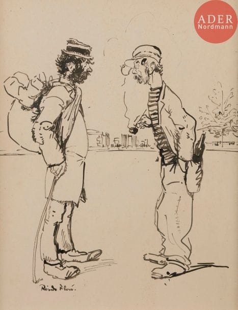 Ricardo FLORES (1878-1918)
SÉRÉNITÉ !, 1912
Encre.
Signée en bas à gauche.
25 x 20 cm

Bibliographie :
Le Rire n°488 du 8 juin 1912, reproduit p. 6 avec la légende :
Combien que t’as de gosses, maintenant ?
J’sais pas… Y a bien un mois que j’suis pas rentré à la maison…