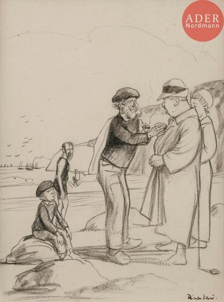Ricardo FLORES (1878-1918)
LA PROMENADE EN MER, 1912
Crayon.
Signé en bas à droite.
25 x 20 cm

Bibliographie :
Le Rire n°490 du 22 juin 1912, reproduit p. 6 avec la légende :
Pisque j’vous demande rien, qu’ça m’fera plaisir de vous emmener… Vous pourrez toujours me donner une pièce de dix francs au mousse, ça me regardera point !