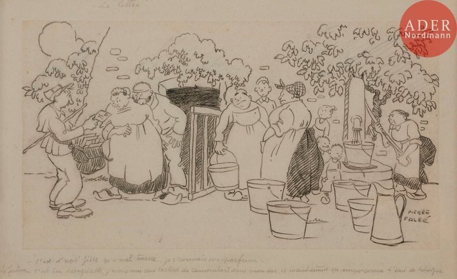 Pierre FALKE (1884-1947)
LA LETTRE, 1913
Encre.
Signée en bas à droite et légendée :
C’est d’not’ fille qu’a mal tourné… Je r’connais son parfum…
Le Facteur., C’est même bien désagréable ; j’avais mis une tartine de camembert dans mon sac et maintenant ça empoisonne l’eau de Cologne…
14,5 x 26,5 cm

Bibliographie :
Le Rire n°543 du 28 juin 1913, reproduit p. 6.