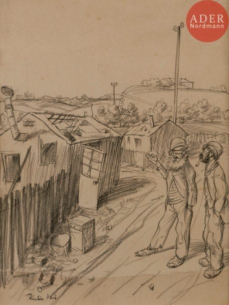 Ricardo FLORES (1878-1918)
FROUSSARDS DE RICHES, 1918
Fusain.
Signé en bas à gauche.
28 x 21 cm

Bibliographie :
Le Rire Rouge n°182 du 11 mai 1918, reproduit en 4e de couverture (mis en couleurs) avec la légende :
Si c’est pas malheureux ! J’avais trouvé un locataire pour l’été ; vlà qu’il a fichu le camp, rapport à Bertha…