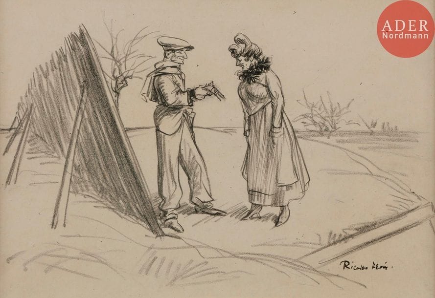 Ricardo FLORES (1878-1918)
SOUVENIR DE LA GUERRE, 1918
Crayon.
Signé en bas à droite.
18 x 25,5 cm

Bibliographie :
Le Rire n°9 du 1er mars 1919, reproduit p. 6 avec la légende :
Qu’est-ce que tu vas f… de ça ? La guerre est finie…
Oui, mais l’internationalisme commence…