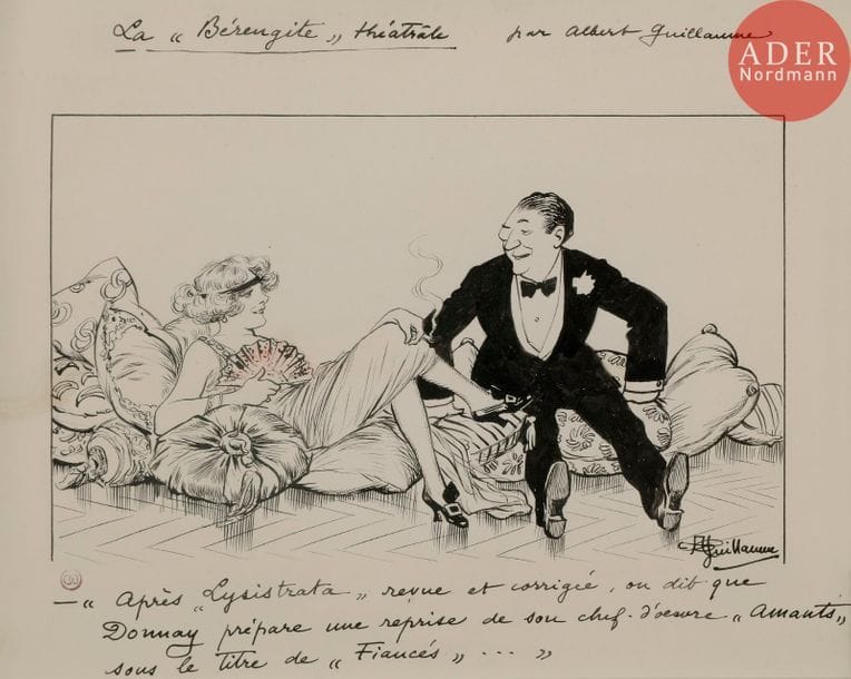 Albert GUILLAUME (1873-1942)
LA « BERENGITE » THÉÂTRALE, 1919
Encre de Chine.
Signée en bas à droite, titrée et légendée :
Après Lysistrata revue et corrigée, on dit que Donnay prépare une reprise de son chef d’œuvre « Amants » sous le titre de « Fiancés »…
18 x 23 cm

Bibliographie :
Le Rire n°13 du 29 mars 1919, reproduit p. 10.