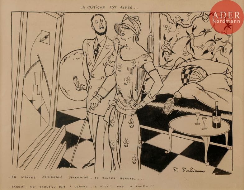 Fabien FABIANO (1882-1962)
LA CRITIQUE EST AISÉE, 1923
Encre de Chine.
Signée en bas à droite, titrée et légendée :
Oh Maître. Admirable ! Splendide ! De toute beauté !……
Pardon, mon tableau est à vendre, il n’est pas à louer !!
28 x 33 cm

Bibliographie :
Le Rire n°248 du 3 novembre 1923, reproduit p. 5.