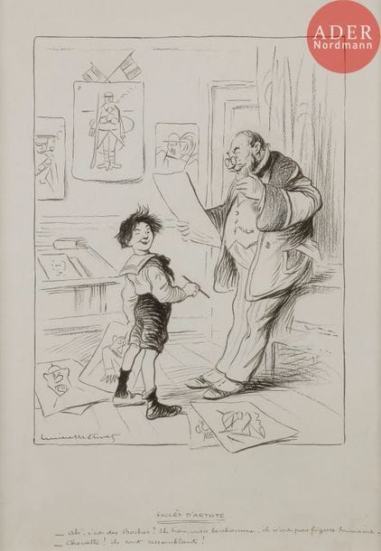 Lucien METIVET (1863-1932)
SUCCÈS D’ARTISTES, 1917
Encre et fusain.
Signée en bas à droite et légendée :
Oh ! c’est des Boches ? Eh bien, mon bonhomme, ils n’ont pas figure humaine !
40,5 x 28 cm

Bibliographie :
La Baïonnette « Enfants de France » n°106 du 12 juillet 1917, reproduit p. 443.