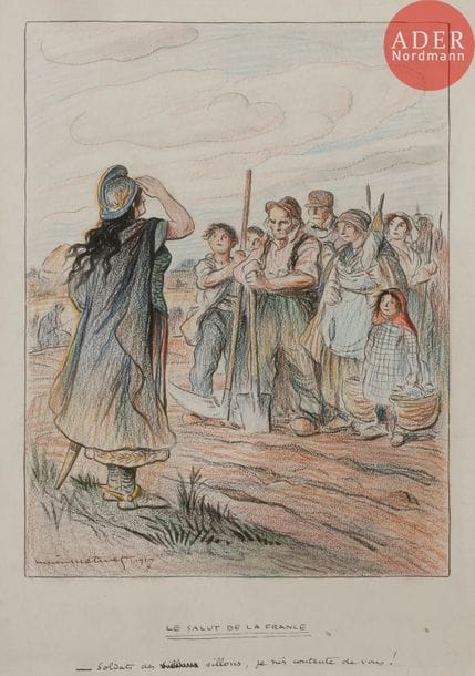 Lucien METIVET (1863-1932)
LE SALUT DE LA FRANCE, 1917
Encre et crayon de couleurs.
Signée en bas à gauche, datée, et légendée :
Soldats du sillon je suis content de vous !
31 x 24 cm

Bibliographie :
La Baïonnette « Ceux de la terre » n°94 du 19 avril 1917, reproduit p. 251.