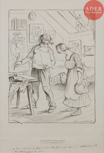 Lucien METIVET (1863-1932)
DIGNITÉ ARTISTIQUE, 1916
Encre et fusain.
Signée en bas à droite, titrée et légendée :
Je leur mets que je gagne cent mille francs par an…, autrement, ils me traiteront de raté…
30 x 23 cm

Bibliographie :
La Baïonnette « l’impôt sur le revenu » n°45 du 18 mai 1916, reproduit p. 308 (mis en couleurs).