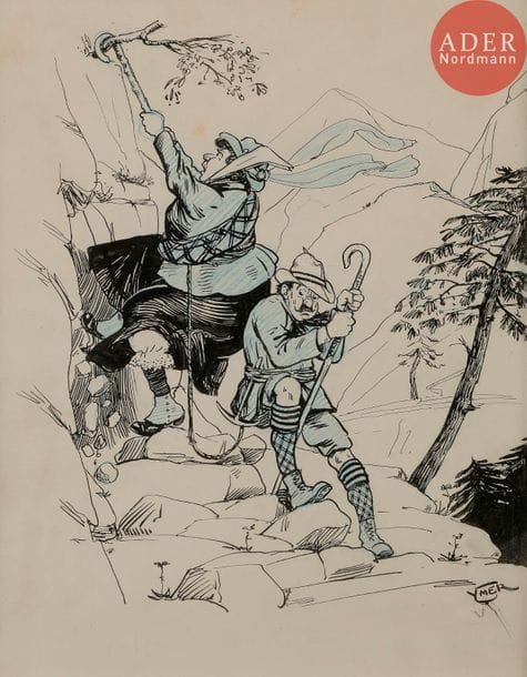 YMER (Actif entre 1904 et 1923)
ALPINISME, 1907
Encre et crayon bleu.
Signée en bas à gauche.
26 x 21,5 cm

Bibliographie :
Le Sourire n°409 du 31 août 1907, reproduit p. 10.