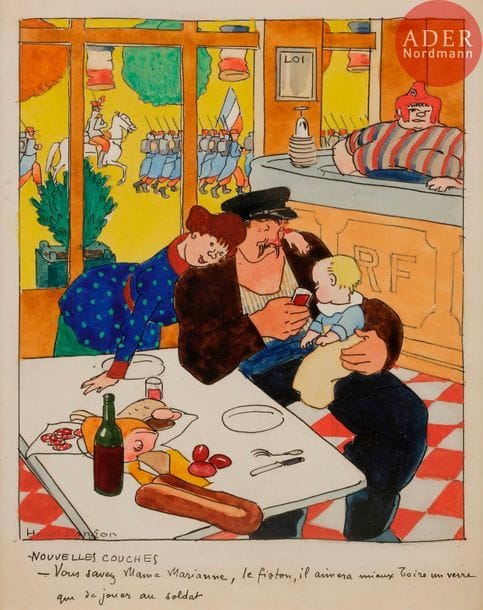 Henri DANGON (Actif entre 1906 et 1935)
LE FUTUR MILICIEN, 1914
Aquarelle et gouache.
Signée en bas à droite et légendée :
Vous savez M’mame Marianne, le fiston, il aimera mieux boire un verre que de jouer au soldat…

Bibliographie :
Le Sourire n°29 du 16 juillet 1914, reproduit en couverture.