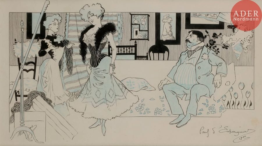 Paul d’ESPAGNAT (Actif entre 1894 et 1947)
EN MEUBLE, 1900
Encre et crayon bleu.
Signée et datée en bas à droite.
23,5 x 39 cm

Bibliographie :
Le Frou-Frou n°18 du 6 février 1901, reproduit p. 7.