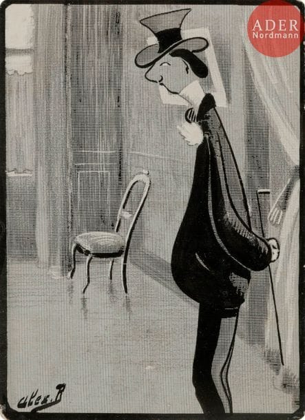 ALEX (Alexis BOULOT)
POÉSIE, 1901
Encre et rehauts de gouache blanche.
Signée en bas à gauche.
16 x 11 cm

Bibliographie :
Le Frou-Frou n°56 du 9 novembre 1901, reproduit p. 945 avec la légende :
Deux louis ?… C’est pour rien !… T’aurais pas plus petit pour cent sous ?