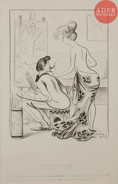 Lucien METIVET (1863-1932)
LA FEMME D’ATELIER, 1904
Encre et crayon.
Signée Luc (pseudonyme de Métivet) en bas à droite, titrée et légendée :
Si t’étais bien gentil, tu m’rajouterais un tout p’tit bout d’jupon, pour que ma famille ne me r’connaisse pas…
29 x 22 cm

Bibliographie :
Le Journal Amusant n°285 du 10 décembre 1904, reproduit p. 11.