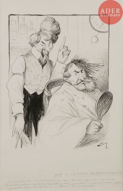 Lucien METIVET (1863-1932)
LEX OU LE REPOS HEBDOMADAIRE, 1906
Crayon et encre.
Signé Luc (pseudonyme de Métivet) en bas à droite, titré et légendé :
Si vous voulez bien, nous continuerons ça après-demain, car voici la minute précise à partir de laquelle je dois, pour obéir au gouvernement, passer vingt-quatre heures sans toucher ni un cheveu ni un pourboire…
30 x 24 cm

Bibliographie :
Le Journal Amusant n°379 du 29 septembre 1906, reproduit p. 9.