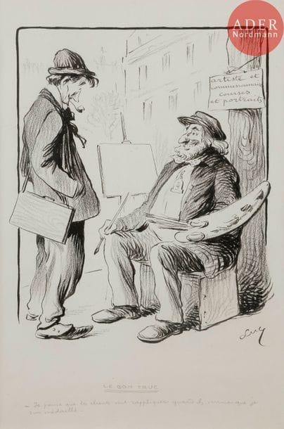 Lucien METIVET (1863-1932)
LE BON TRUC, 1907
Encre et fusain.
Signée Luc (pseudonyme de Métivet) en bas à droite, titrée et légendée :
Je pense que les clients vont rappliquer, quand ils verront que je suis médaillé…

Bibliographie :
Le Journal Amusant n°411 du 11 mai 1907, reproduit p. 9.