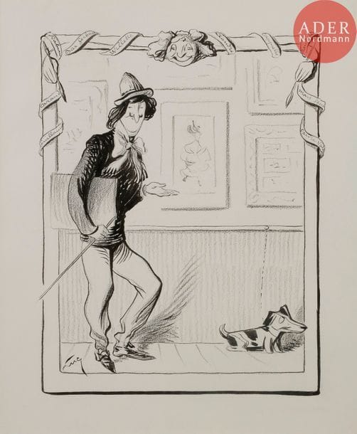 Lucien METIVET (1863-1932)
AU SALON DES HUMORISTES, 1907
Crayon et encre.
Signé Luc (pseudonyme de Métivet) en bas à gauche.
29 x 23 cm

Bibliographie :
Le Journal Amusant n°414 du 1er juin 1907, reproduit p. 13 avec la légende :
Je ferai remarquer à ces messieurdames que, pour les exposer au Palais de Glace, j’ai pris soin de faire patiner tous mes cadres…