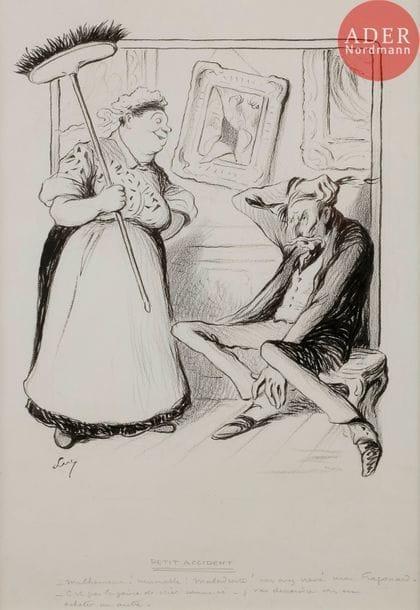 Lucien METIVET (1863-1932)
PETIT ACCIDENT, 1907
Encre et fusain.
Signée Luc (pseudonyme de Métivet) en bas à gauche, titrée et légendée :
Malheureuse ! Misérable ! Maladroite ! vous avez crevé mon Fragonard !
C’est pas la peine de crier comme ça, j’vas descendre vous en acheter un autre !
30 x 24 cm

Bibliographie :
Le Journal Amusant n°417 du 22 juin 1907, reproduit p. 9.