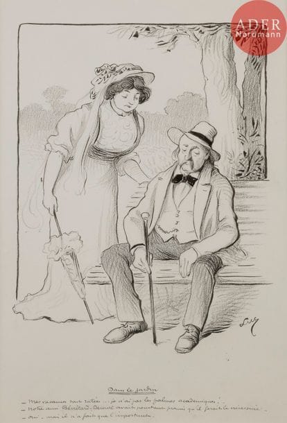Lucien METIVET (1863-1932)
DANS LE JARDIN, 1907
Crayon et encre.
Signé Luc (pseudonyme de Métivet) en bas à droite, titré et légendé :
Mes vacances sont ratées… je n’ai pas les palmes académiques !
Notre ami Bénitard-Décourt avait pourtant promis qu’il ferait le nécessaire…
Oui, mais il a fait l’important…
28 x 22 cm

Bibliographie :
Le Journal Amusant n°428 du 7 septembre 1907, reproduit p. 5.