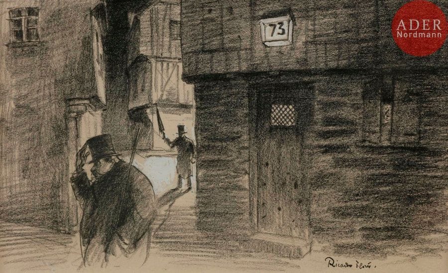Ricardo FLORES (1878-1918)
BONSOIR MONSIEUR LE NOTAIRE…, 1914
Fusain avec un rehaut de gouache blanche.
Signé en bas à droite.
15,5 x 25,5 cm

Bibliographie :
Fantasio n°179 du 1er janvier 1914, reproduit p. 375 illustrant une nouvelle de Jacques Roberti intitulée « les cinq veillées de M. Prosper »…