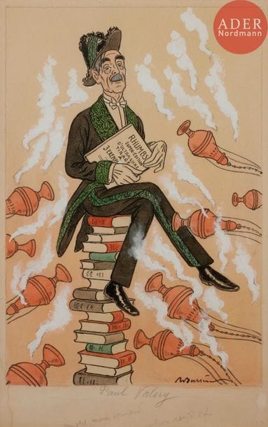 Adrien BARRERE (1874-1931)
PAUL VALéRY
Encre, aquarelle et rehauts de gouache blanche.
Signée en bas à droite et titrée.
38 x 25 cm

Bibliographie :
Fantasio n°515 du 15 juillet 1928, reproduit p. 658.