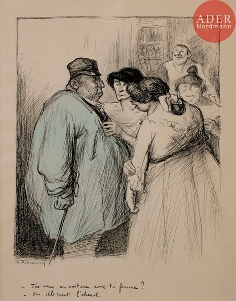 Aristide DELANNOY (1874-1911)
LA HALTE BIENFAISANTE, 1904
Encre et aquarelle.
Signée en bas à gauche et légendée :
T’es venu en voiture, avec ta femme ?
Oui. Elle tient l’cheval…
31 x 26 cm

Bibliographie :
La Caricature n°1269 du 23 avril 1904, reproduit p. 133.