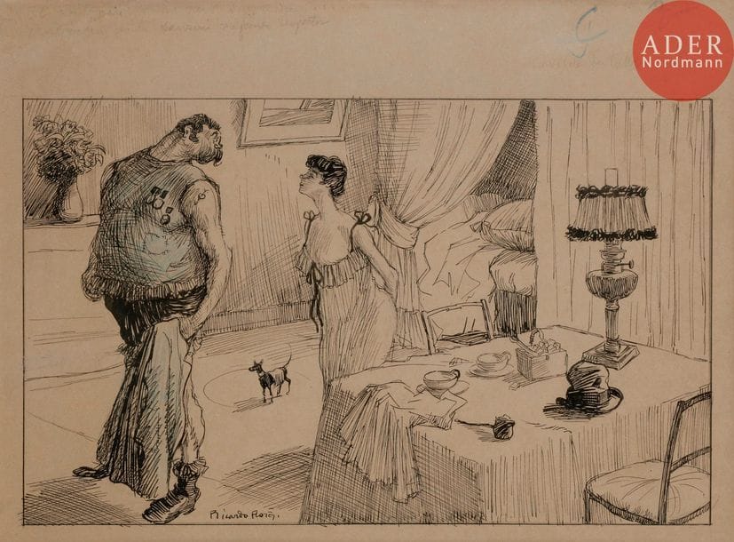 Ricardo FLORES (1878-1918)
LE TRAC, 1904
Encre et crayon bleu.
Signé en bas à droite.
16,5 x 27 cm

Bibliographie :
La Caricature n°1270 du 30 avril 1904, reproduit p. 142.