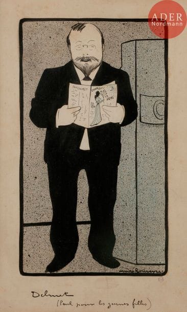 André ROUVEYRE (1879-1962)
PAUL DELMET, 1900
Encre.
Signée en bas à droite et titrée.
25 x 14,5 cm

Bibliographie :
Le Journal pour Tous n°28 du 12 juillet 1900, reproduit p. 5
Paul Delmet est un auteur et compositeur à succès qui débuta au cabaret du Chat Noir…