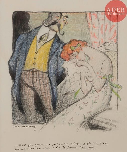 Lucien METIVET (1863-1932)
LA FEMME D’UN COCU
Crayon de couleurs.
Signé en bas à gauche et légendé :
C’est pas parce que j’ai honte de t’avoir trompé que j’pleure, c’est parce que ça m’vexe d’être la femme d’un cocu !

Bibliographie :
Les Humoristes 1830, 1930, éditions de l’Amateur 1999, reproduit p. 769.