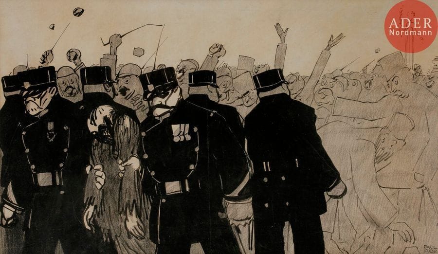 Paul IRIBE (1883-1935)
EN 1920
Encre de Chine et crayon.
Signée en bas à droite.
29 x 49 cm

Bibliographie :
Reproduit dans le Témoin avec la légende :
Il n’a pas voulu saluer la statue de la liberté…
(source : Gallica, collection Jaquet).