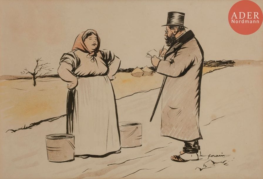 Jean-Louis FORAIN (1852-1931)
LA DÉPOSITION DU TÉMOIN
Encre et aquarelle.
Signée en bas à droite.
26 x 38 cm
