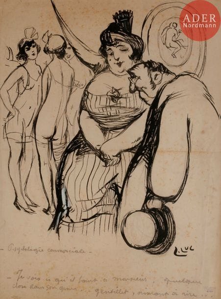 Luc LAFNET (1899-1939)
PSYCHOLOGIE COMMERCIALE
Encre.
Signée en bas à droite et légendée :
Je vois ce qu’il faut à Monsieur. Quelque chose dans son genre… gentillet, aimant à rire…
54 x 46 cm