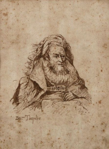 TIEPOLO (Dans le goût de)
Portrait d'homme Encre et lavis d'encre Porte une signature Do 28 x 21 cm