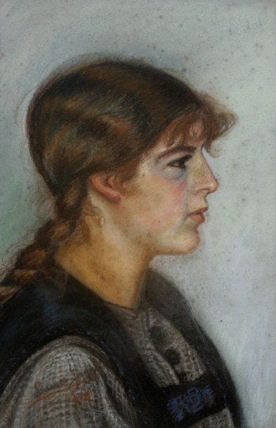 ECOLE SUISSE
Jeune femme de profil, 1919 Pastel sur papier Porte une signature Louise Jaggi?  54 x 37 cm