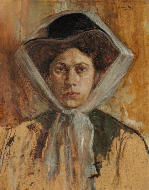 BENJAMIN VAUTIER [suisse] (1829-1898)
Portrait de femme au chapeau, Portrait de paysan au verso Huile sur carton Signée en haut à droite 44 x 55 cm
