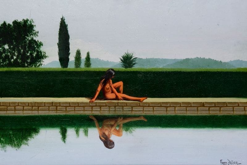 Fred ZELLER (né en 1912)
La femme à la piscine Huile sur panneau Signée en bas à droite et titrée au dos 40 x 60 cm