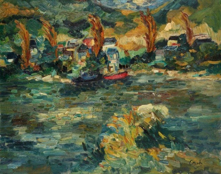 ERICK
Village au bord de l'eau Huile sur toile Signée en bas à droite 65 x 81 cm
