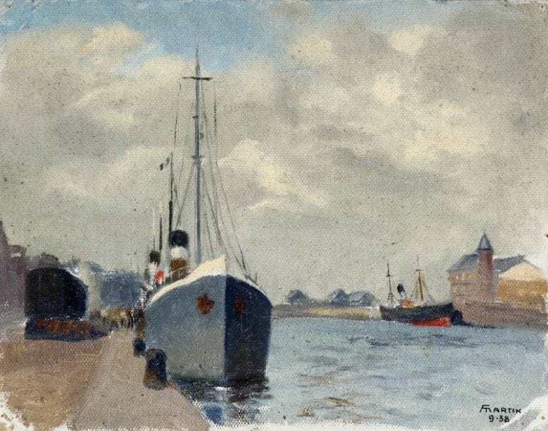 F MARTIN
Fécamp, bateaux à quai, 1938 Huile sur toile libre Signée et datée "9 - 38" en bas à droite 20,5 x 26,5 cm