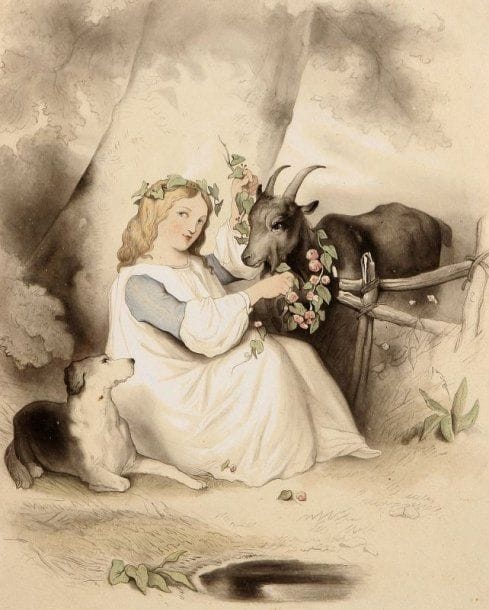 ANONYME
Jeune fille à la chèvre Aquarelle gouachée 24 x 19