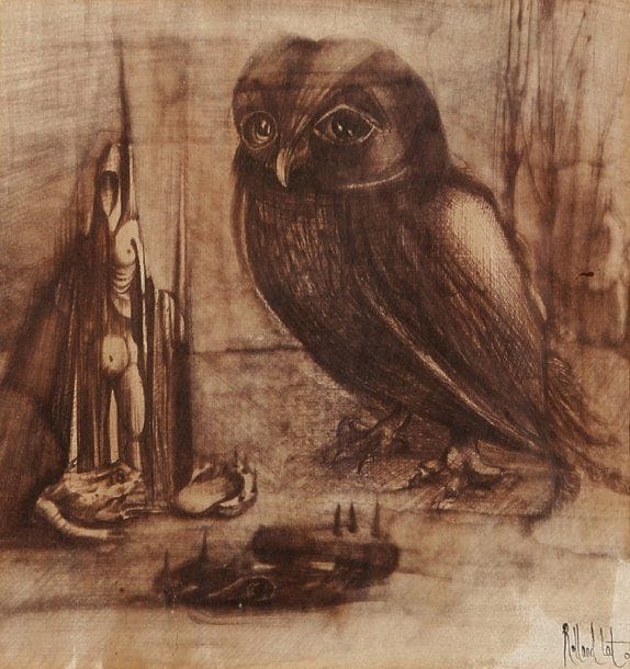 Roland CAT (né en 1943)
La chouette Encre sur papier Signée en bas à droite(Déchirures) 17 x 165 cm