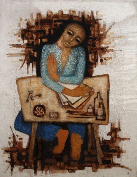 Jean MOULIN (né en 1932)
Artiste à son bureau, circa 1970 Huile sur toile Non signée 146 x 114 cm