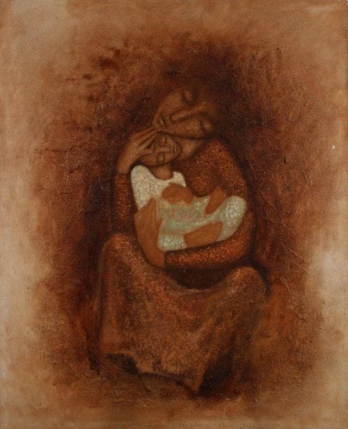 Jean MOULIN (né en 1932)
Femme à l'enfant, circa 1970 Technique mixte sur toile Non signée 130 x 162 cm